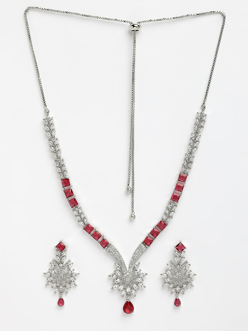 Rhodium Plated with Red American Diamond Studded Floral Design & Curved Shaped Necklace Set