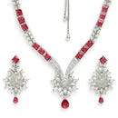 Rhodium Plated Silver Toned  Red American Diamond Studded Jewellery Set