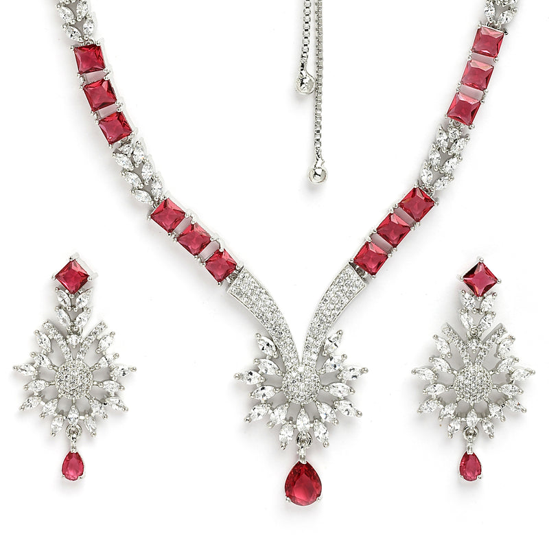 Rhodium Plated Silver Toned  Red American Diamond Studded Jewellery Set