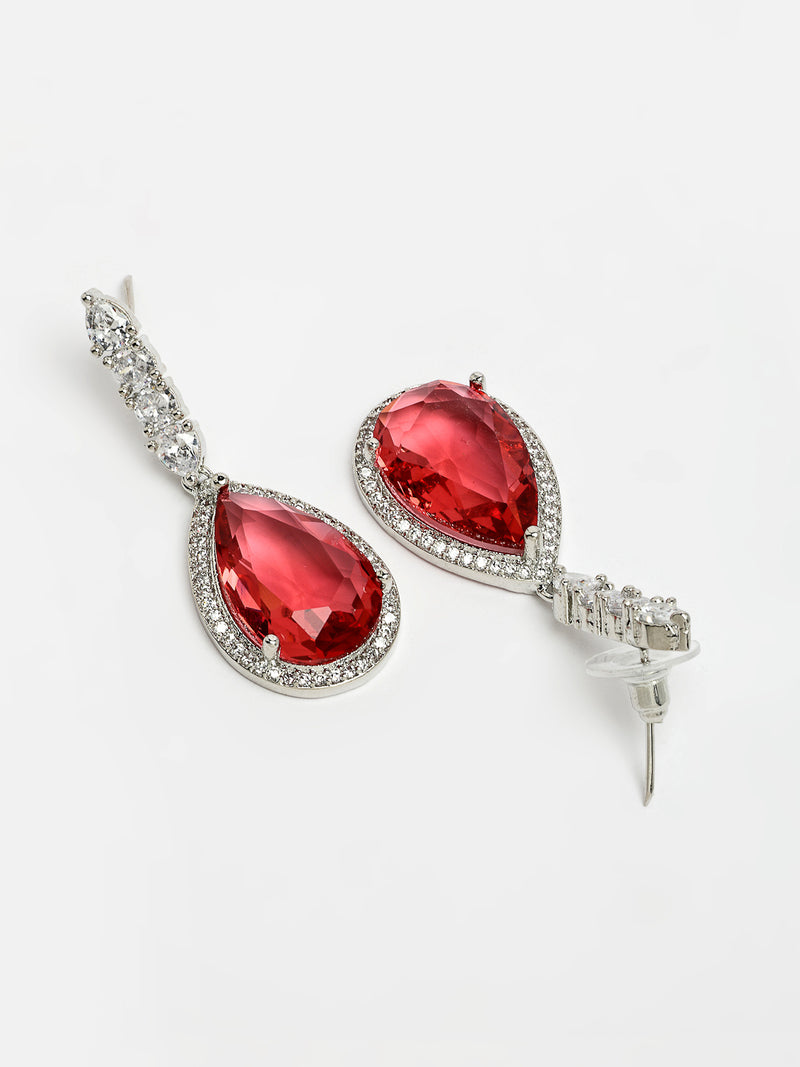 Rhodium Plated with Teardrop Shaped Red American Diamond Studded Necklace Set