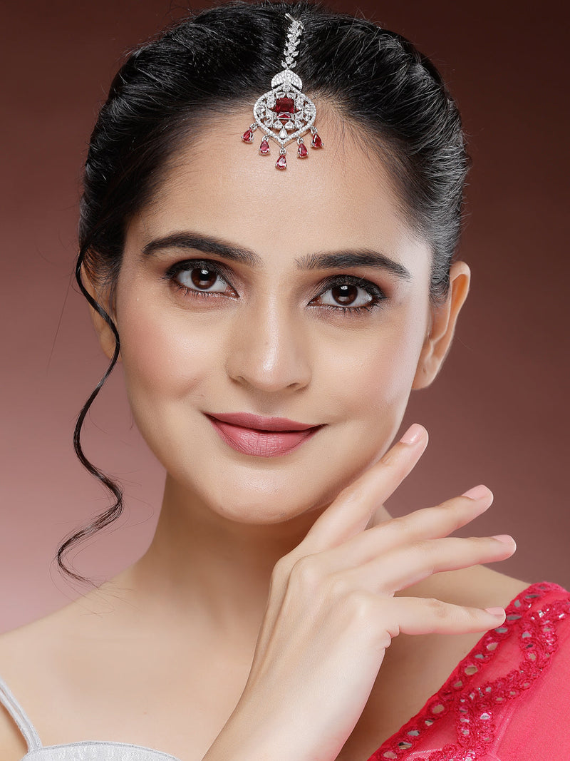 Rhodium Plated Silver Toned Leaf Teardrop Shaped Red American Diamond Studded Maang Tikka