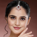 Rhodium Plated Silver Toned Leaf Teardrop Shaped Red American Diamond Studded Maang Tikka