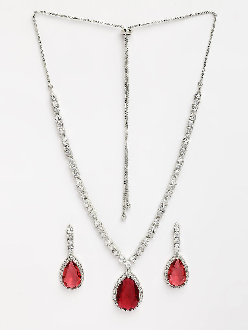 Rhodium Plated with Teardrop Shaped Red American Diamond Studded Necklace Set