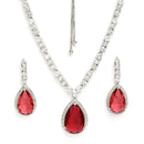 Rhodium Plated with Teardrop Shaped Red American Diamond Studded Necklace Set