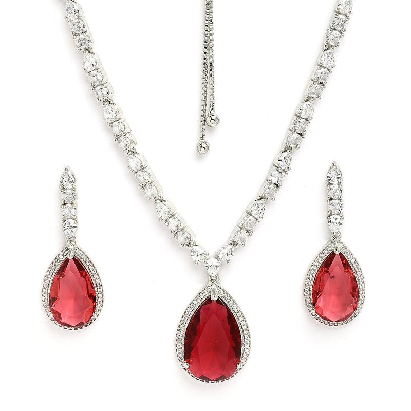 Rhodium Plated with Teardrop Shaped Red American Diamond Studded Necklace Set