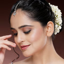 Rhodium Plated Silver Toned  Round & Teardrop Shaped White American Diamond Studded Maang Tikka