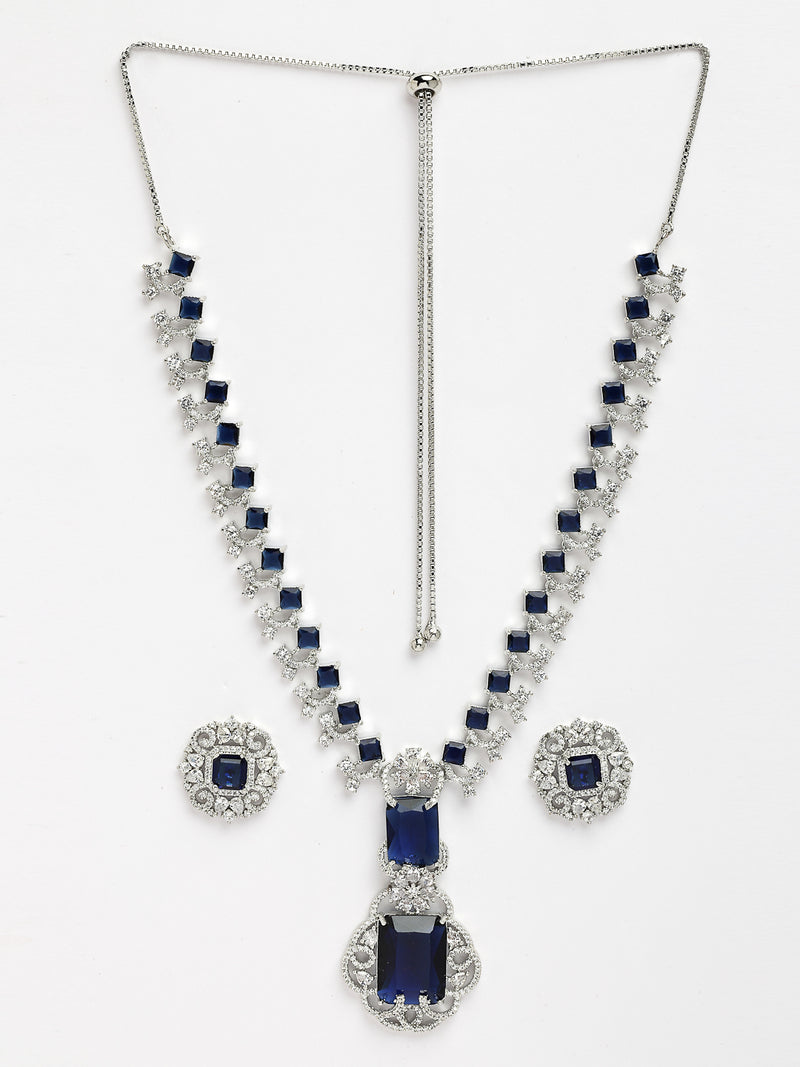 Rhodium Plated with Blue American Diamond Studded Maharani Design Necklace Set