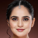 Rhodium Plated Silver Toned  Round & Teardrop Shaped White American Diamond Studded Maang Tikka