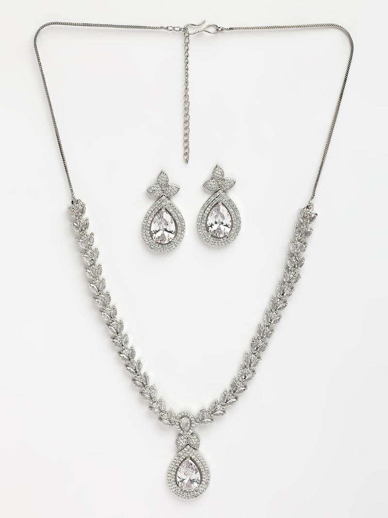 Rhodium Plated with White American Diamond Studded Leaf and Teardrop Necklace Set