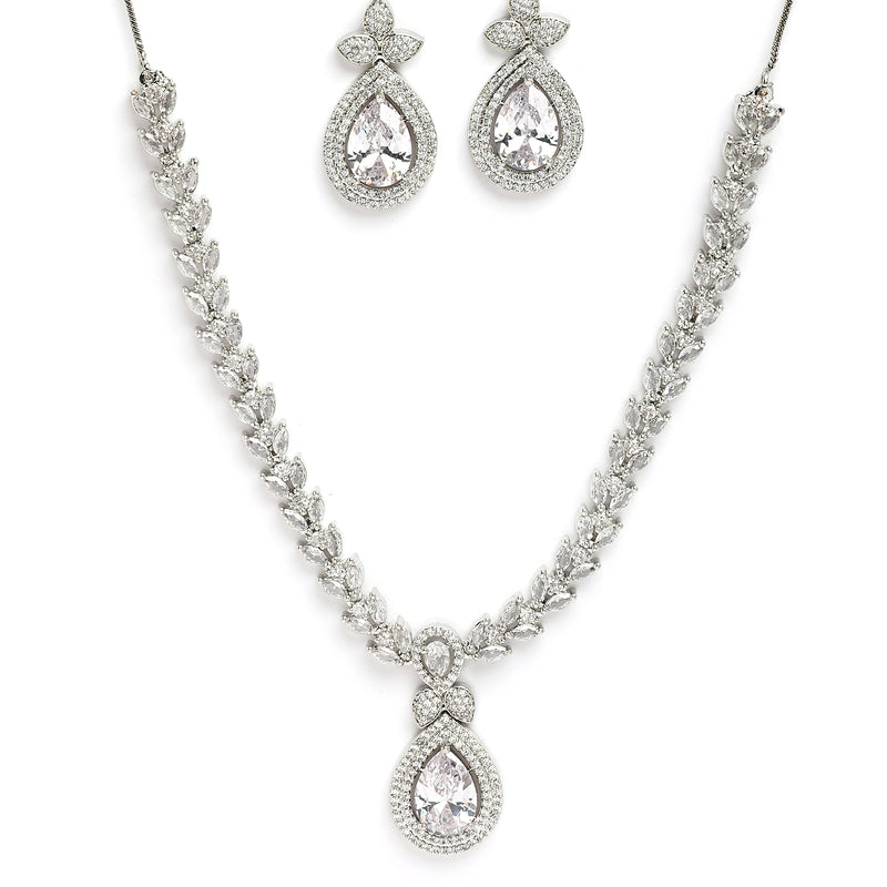 Rhodium Plated Silver Toned White American Diamond Studded Jewellery Set