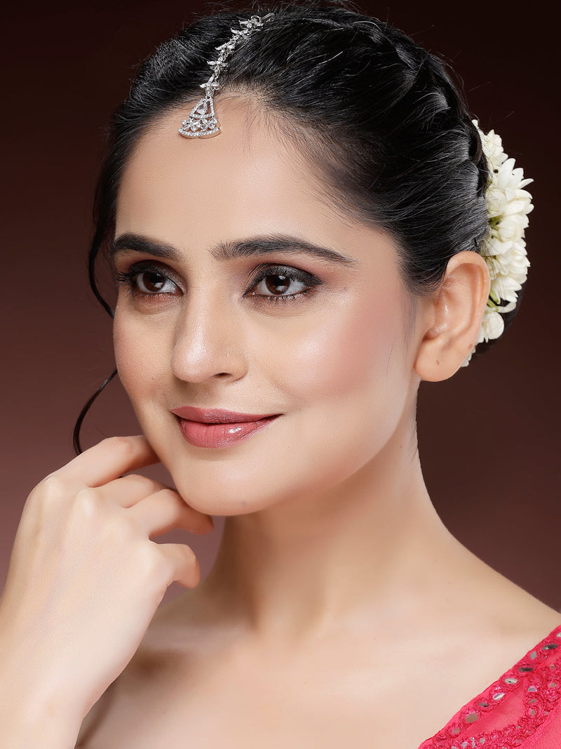 Rhodium Plated Silver Toned Triangle Shaped White American Diamond Studded Maang Tikka