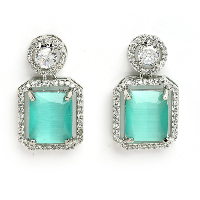 Rhodium Plated Silver Toned Sea Green American Diamond Studded Jewellery Set