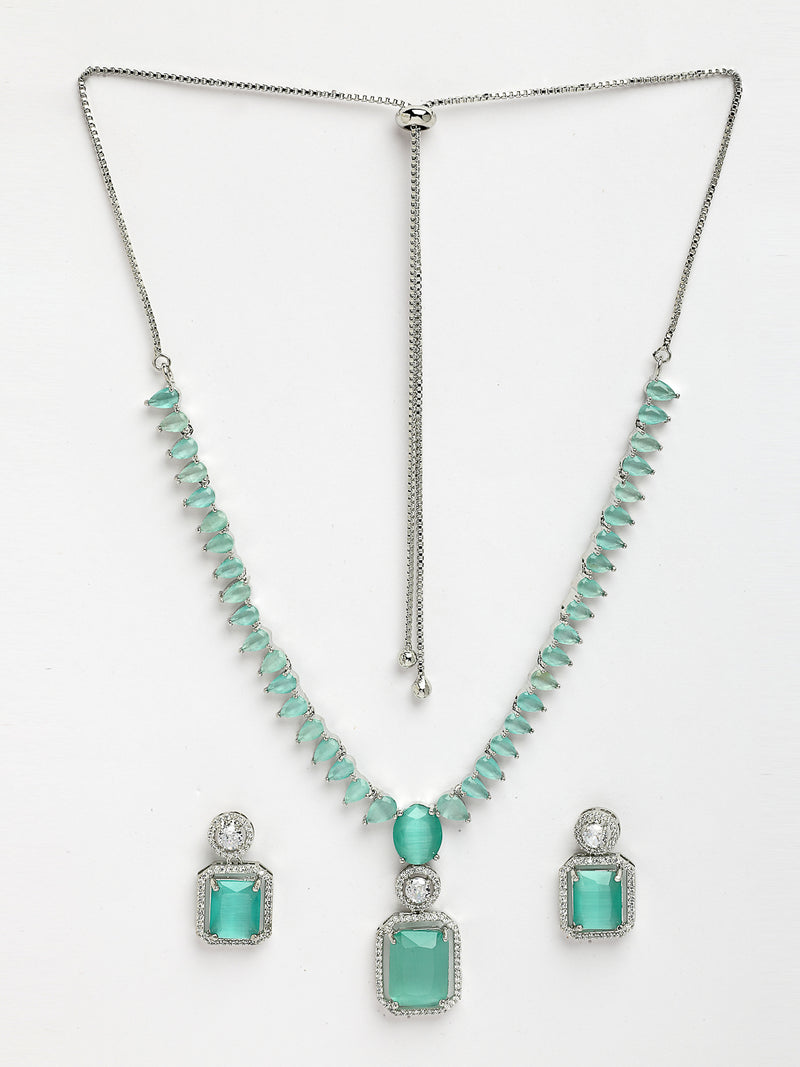 Rhodium Plated with Unique Design Necklace & Sea Green American Diamond Studded Necklace Set