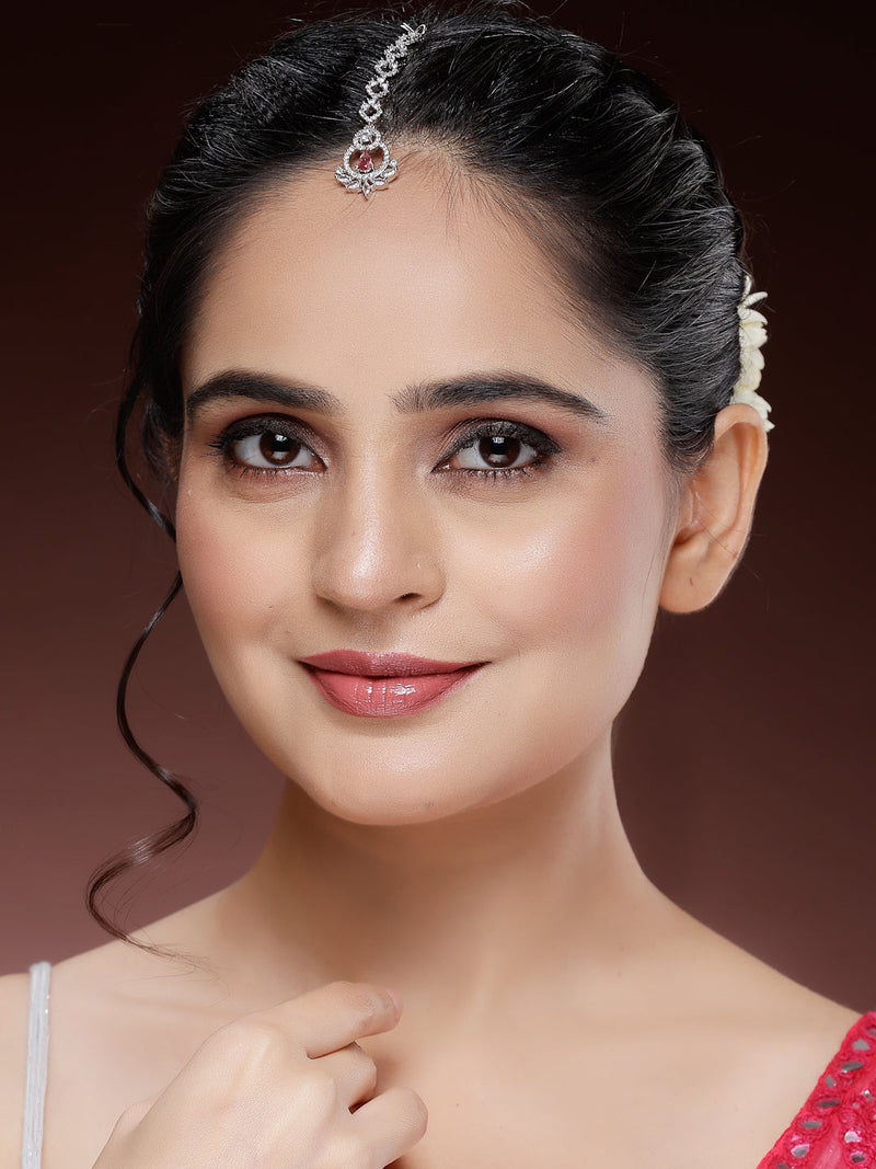 Rhodium Plated Silver Toned  Round & Teardrop Shaped Red American Diamond Studded Maang Tikka
