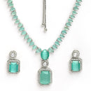 Rhodium Plated Silver Toned Sea Green American Diamond Studded Jewellery Set
