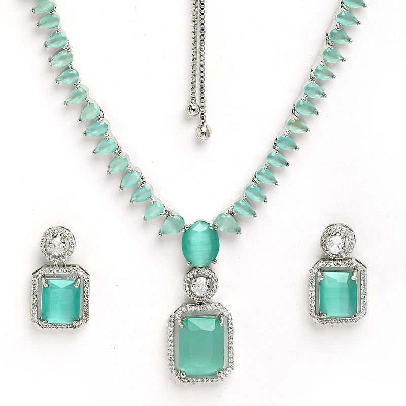 Rhodium Plated Silver Toned Sea Green American Diamond Studded Jewellery Set