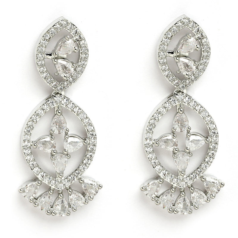 Rhodium Plated Silver Toned White American Diamond Stone Studded Jewellery Set