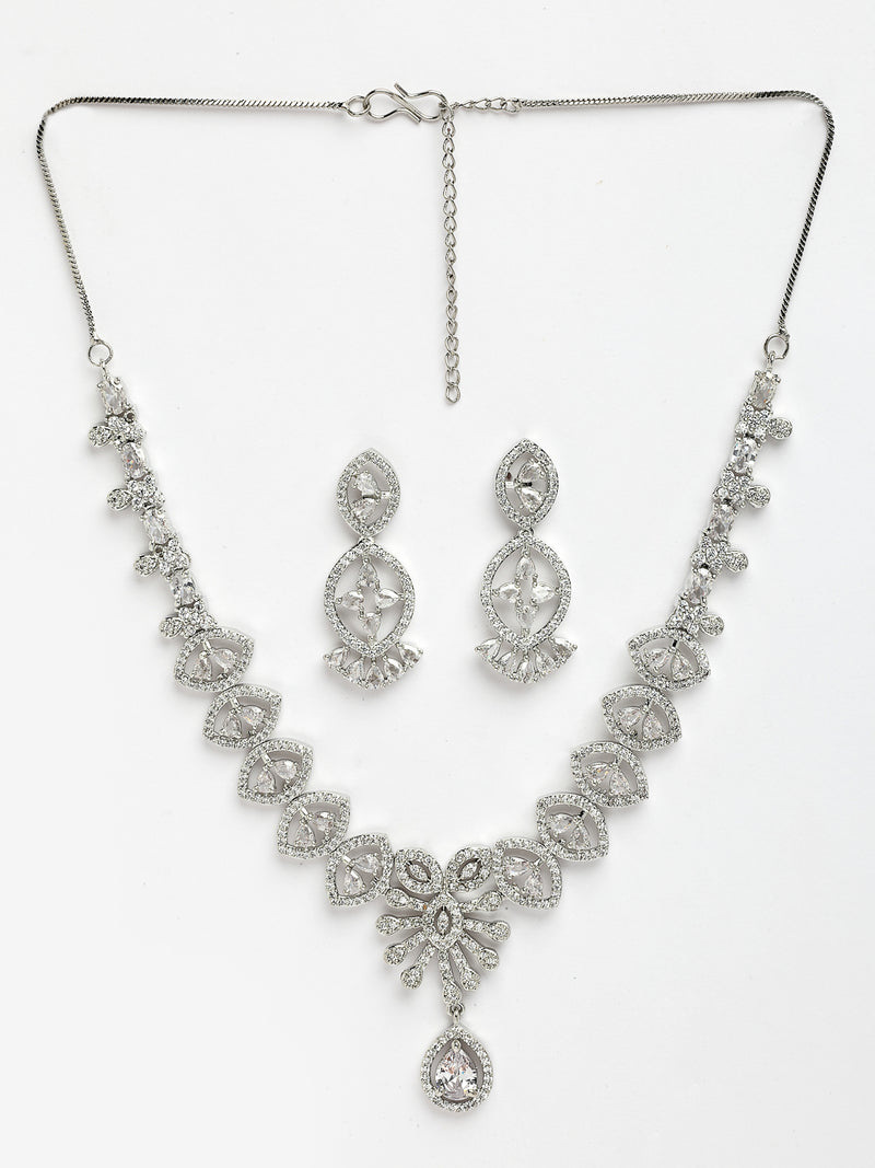 Rhodium Plated with White American Diamond Studded Ladymania Design Necklace Set