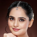 Rhodium Plated Silver Toned  Teardrop Shaped Red American Diamond Studded Maang Tikka