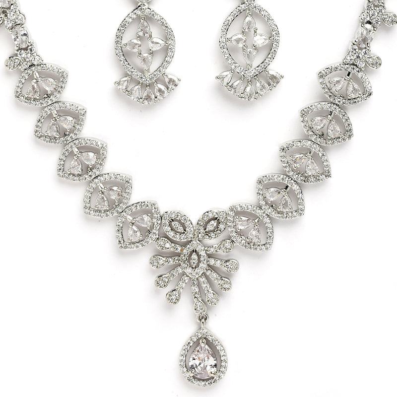 Rhodium Plated Silver Toned White American Diamond Stone Studded Jewellery Set