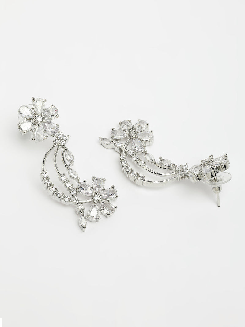 Rhodium Plated Silver Toned White American Diamond Studded Floral Jewellery Set