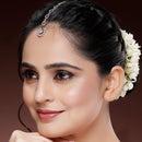 Rhodium Plated Silver Toned  Teardrop Shaped Red American Diamond Studded Maang Tikka