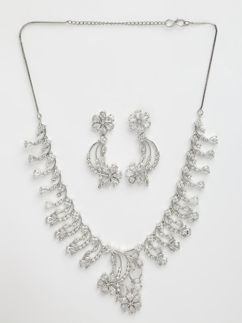 Rhodium Plated with White American Diamond Studded Floral Design Necklace Set