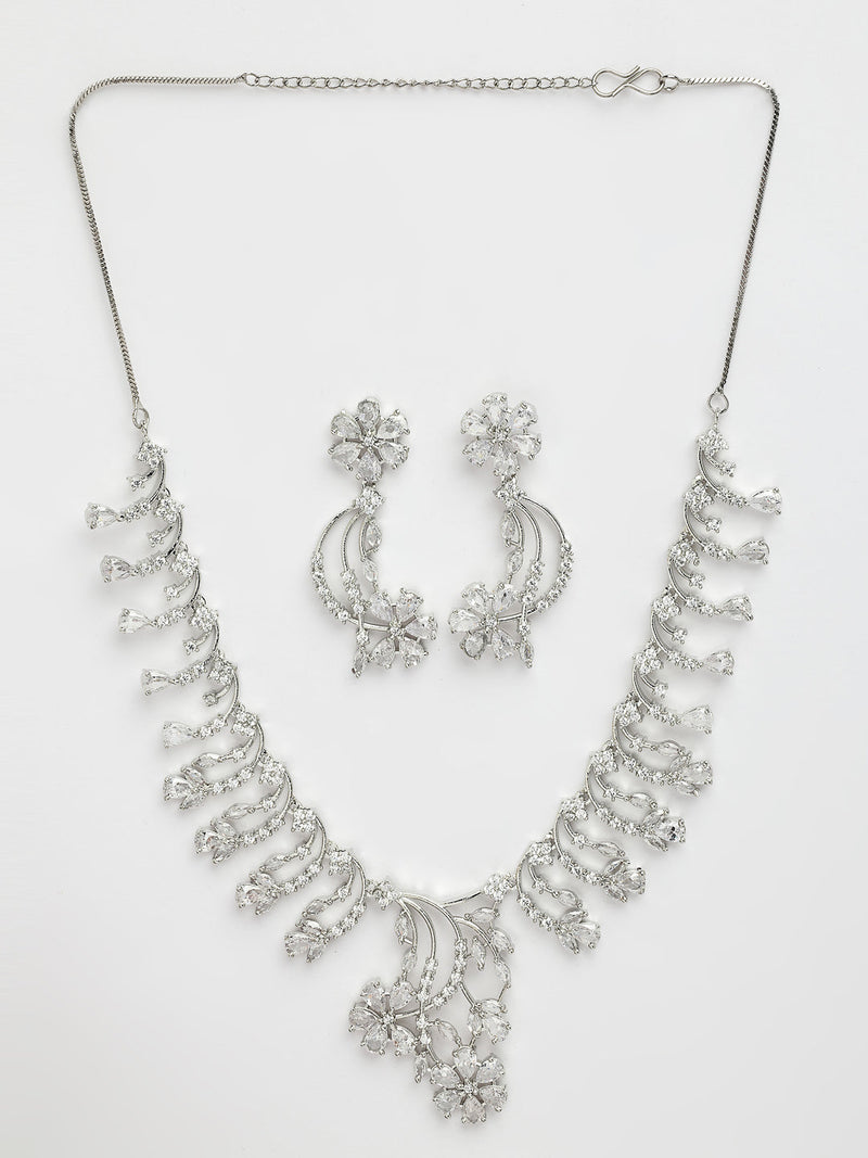 Rhodium Plated Silver Toned White American Diamond Studded Floral Jewellery Set