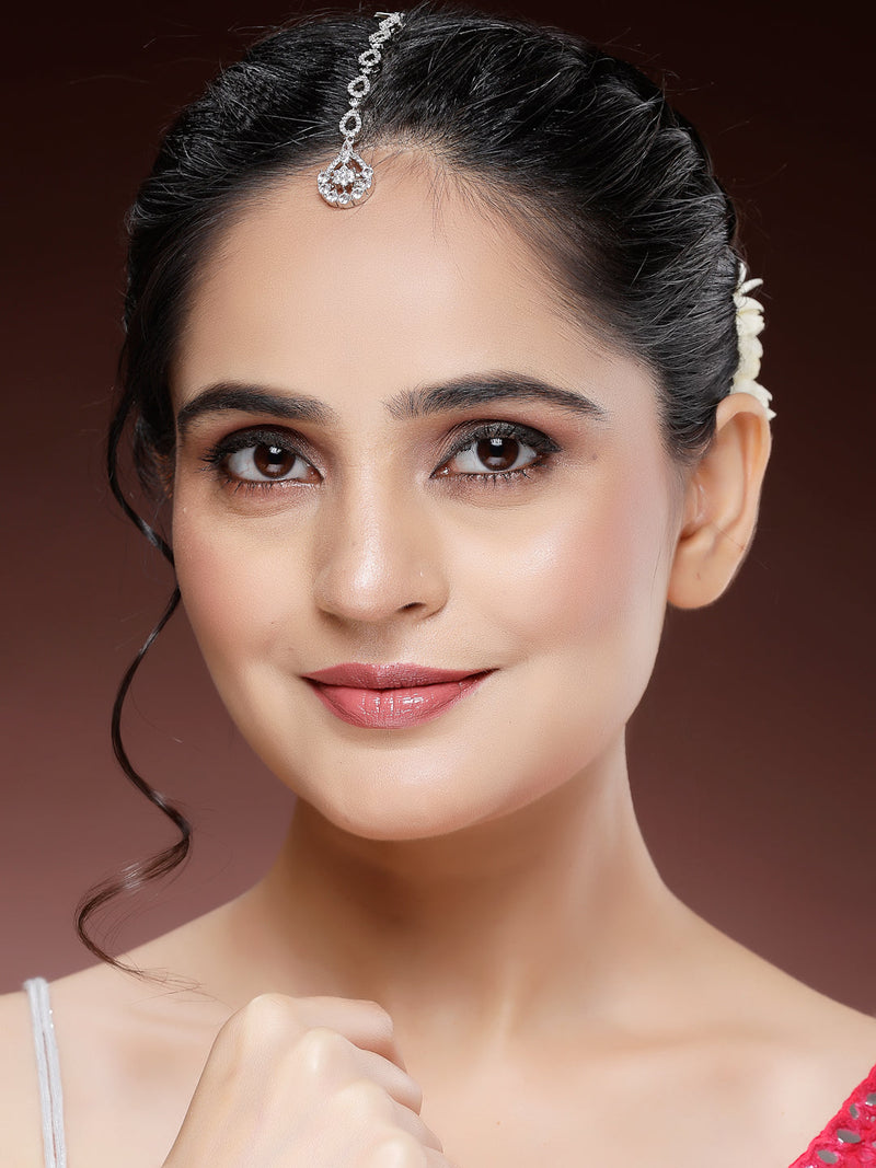Rhodium Plated Silver Toned Teardrop Shaped White American Diamond Studded Maang Tikka