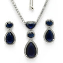 Rhodium Plated Silver toned Teardrop Shaped Blue American Diamond Studded Jewellery Set