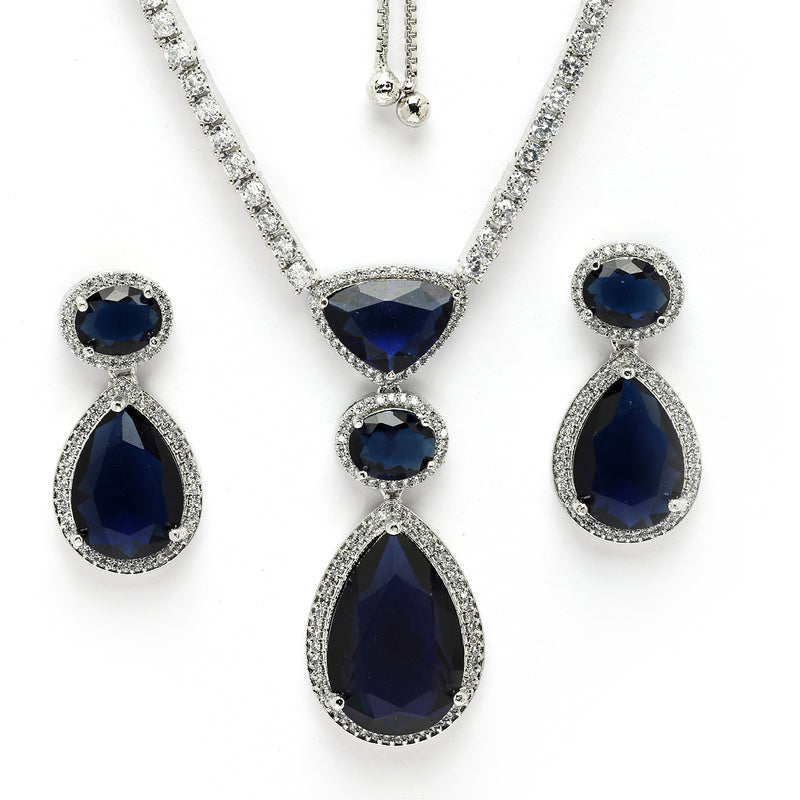 Rhodium Plated Silver toned Teardrop Shaped Blue American Diamond Studded Jewellery Set