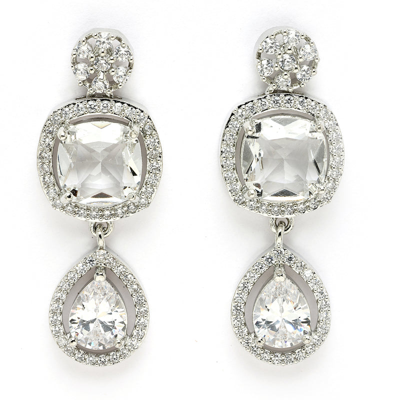 Rhodium Plated Silver Toned Dazzling Drop American Diamond Studded Jewellery Set