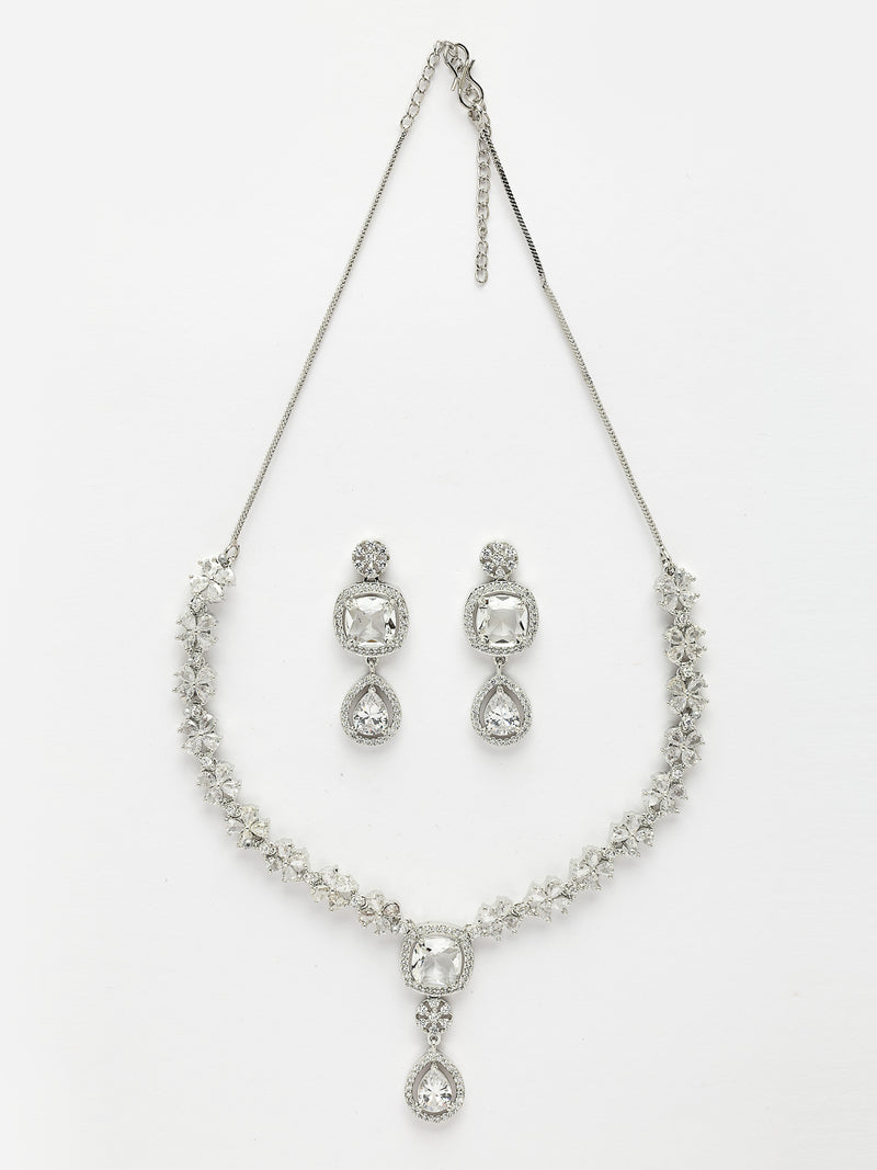 Rhodium Plated with Silver Floral Sparkle and Dazzling Drop Necklace Set