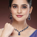 Rhodium Plated Silver Toned Royal Blue American Diamond Studded Jewellery Set