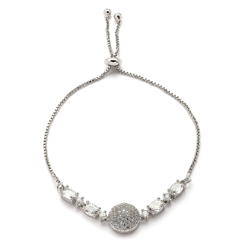 Rhodium Plated Silver Toned White American Diamond Studded Adjustable Bracelet