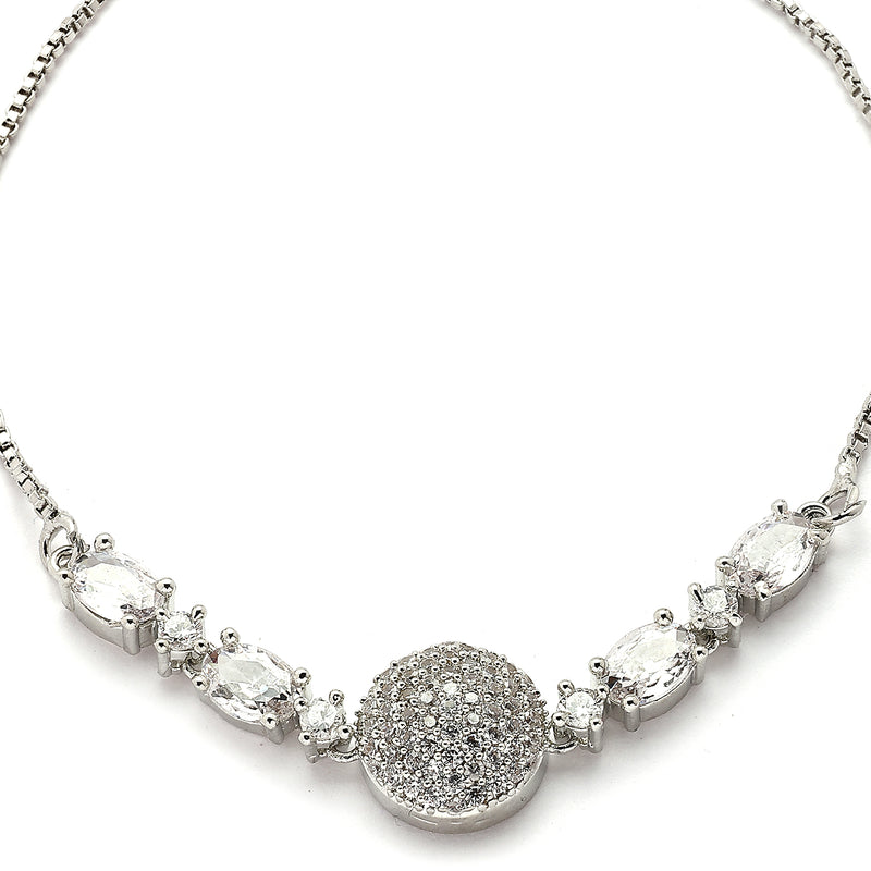 Rhodium Plated Silver Toned White American Diamond Studded Adjustable Bracelet