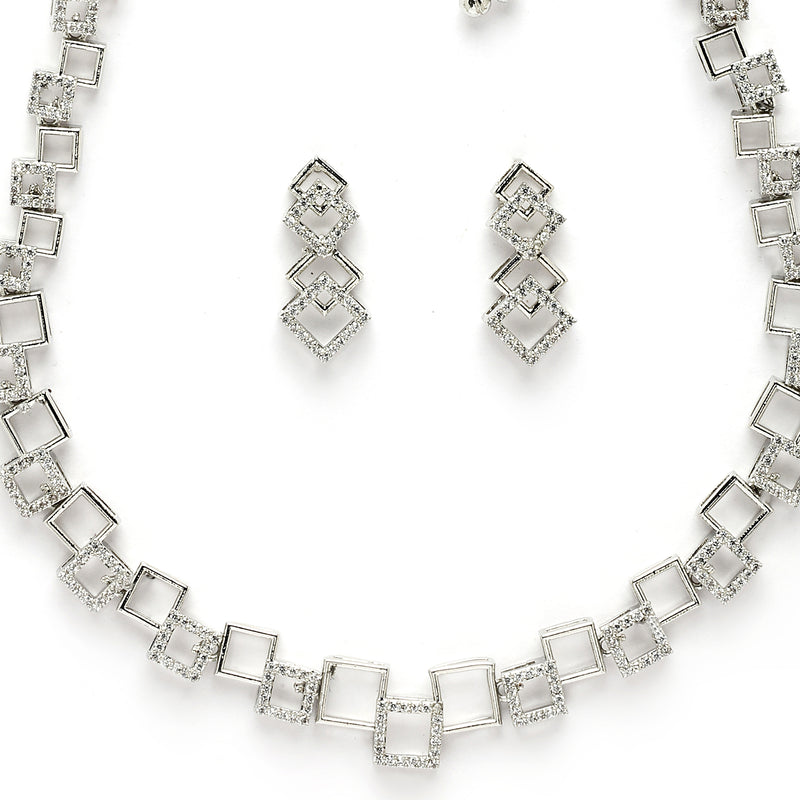 Rhodium Plated Silver Toned Geometric Design American Diamond Stone Studded Jewellery Set