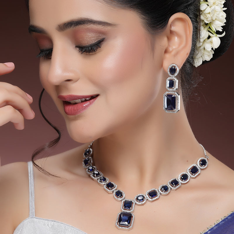Rhodium Plated Silver Toned Royal Blue American Diamond Studded Jewellery Set