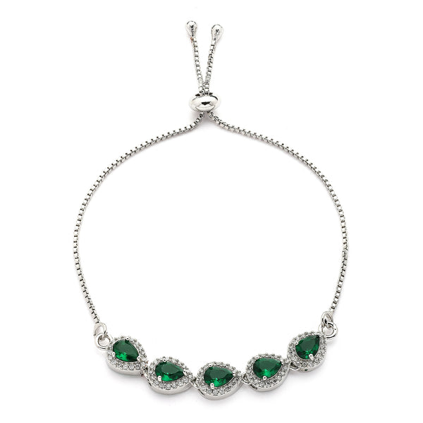 Rhodium Plated Silver Toned Teardrop Shaped Green & White American Diamond Studded Adjustable Bracelet