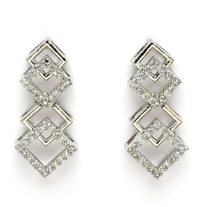 Rhodium Plated Silver Toned Geometric Design American Diamond Stone Studded Jewellery Set