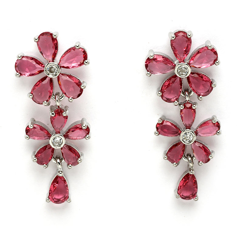 Rhodium Plated Silver Toned Pink American Diamond Studded Necklace Set