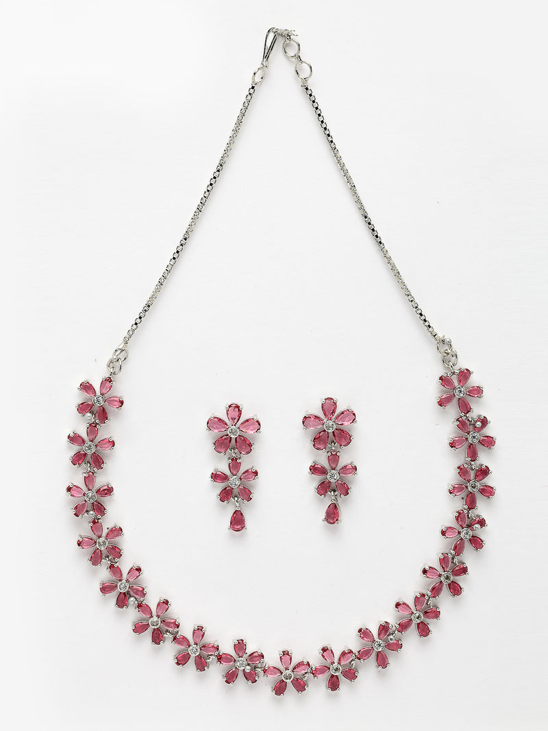 Rhodium Plated with Pink American Diamond Studded Floral Design Necklace Set