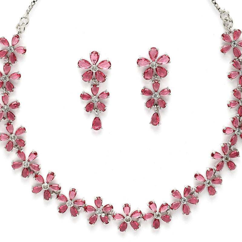 Rhodium Plated Silver Toned Pink American Diamond Studded Necklace Set