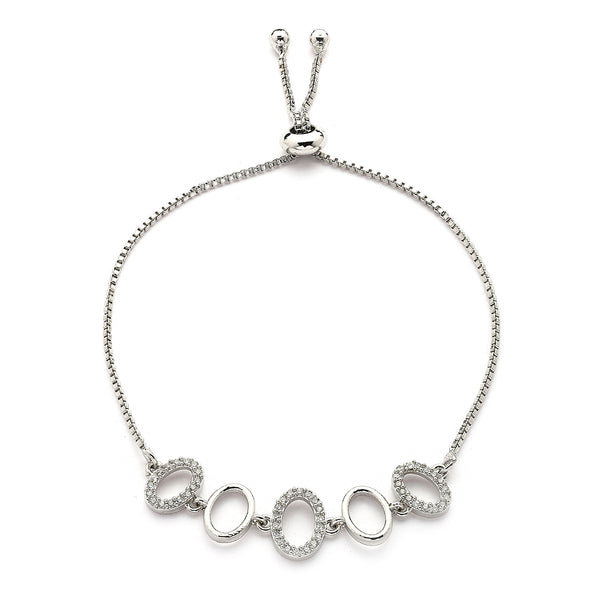 Rhodium Plated Silver Toned Oval Shaped White Cubic Zirconia Studded Adjustable Bracelet