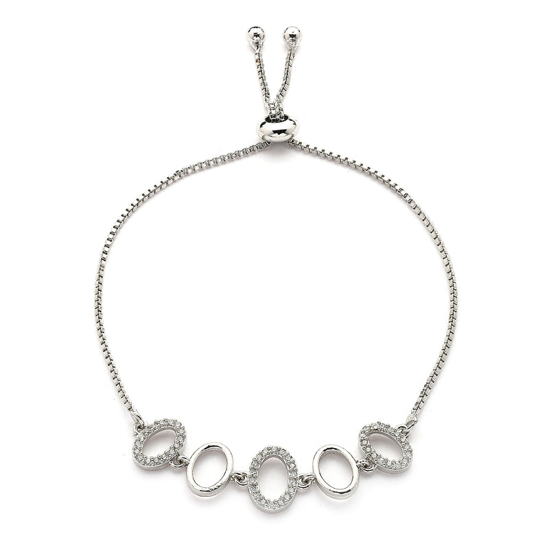 Rhodium Plated Silver Toned Oval Shaped White Cubic Zirconia Studded Adjustable Bracelet