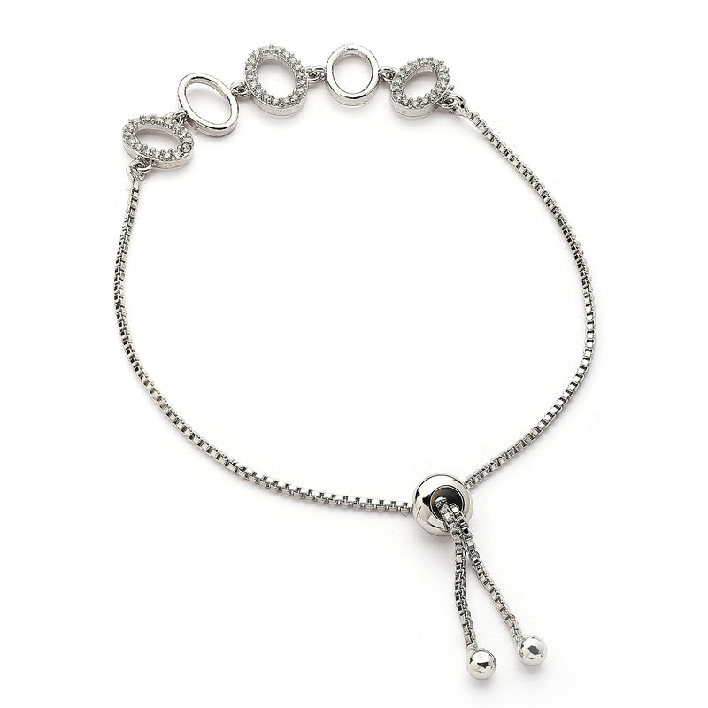 Rhodium Plated Silver Toned Oval Shaped White Cubic Zirconia Studded Adjustable Bracelet