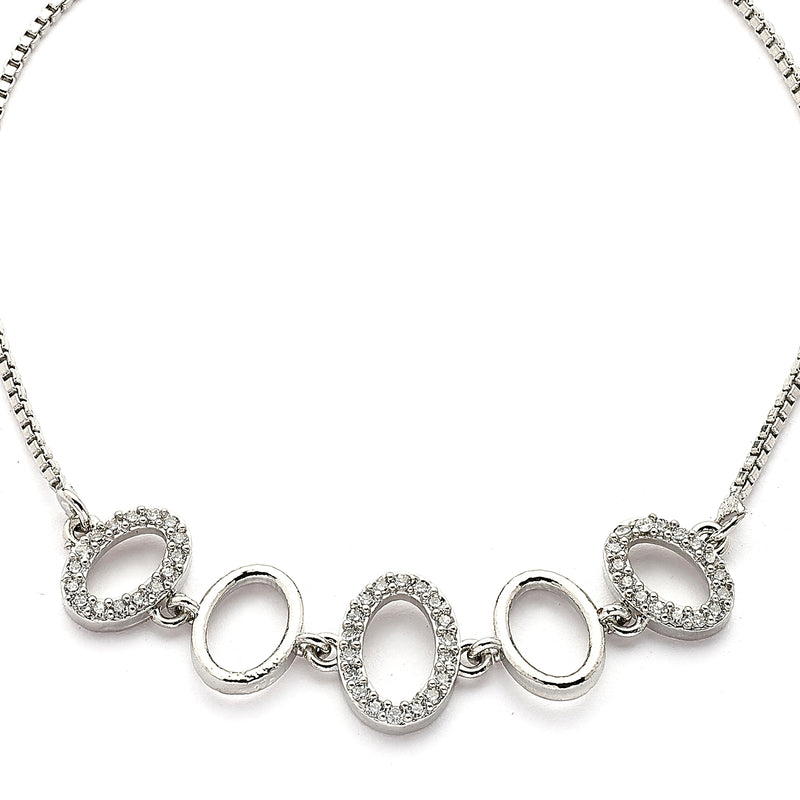 Rhodium Plated Silver Toned Oval Shaped White Cubic Zirconia Studded Adjustable Bracelet