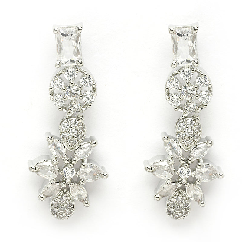 Rhodium Plated Silver Toned White American Diamond Studded Jewellery Set