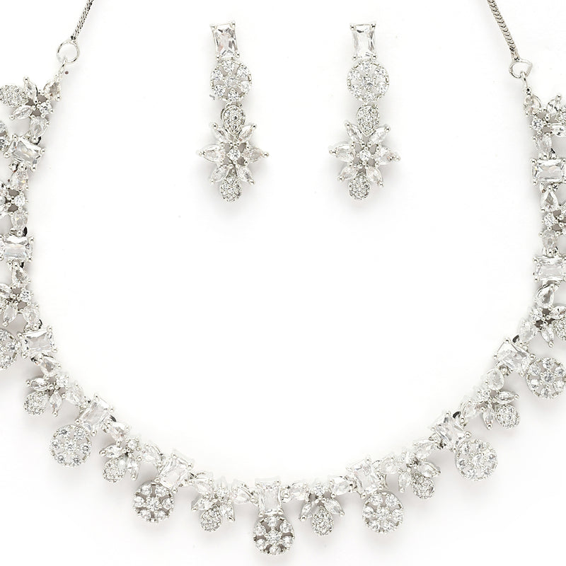 Rhodium Plated Silver Toned White American Diamond Studded Jewellery Set