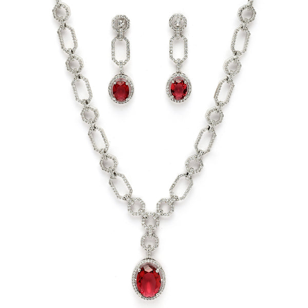 Rhodium Plated Silver Toned Red American Diamond Studded Jewellery Set